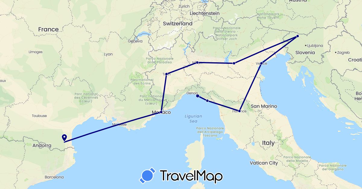 TravelMap itinerary: driving in France, Italy, Monaco, Slovenia (Europe)